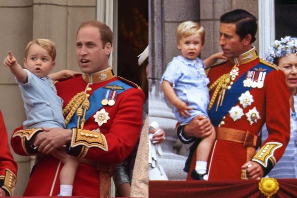 принц Джордж на руках принца Уильяма и принц Уильям на руках принца Чарльза