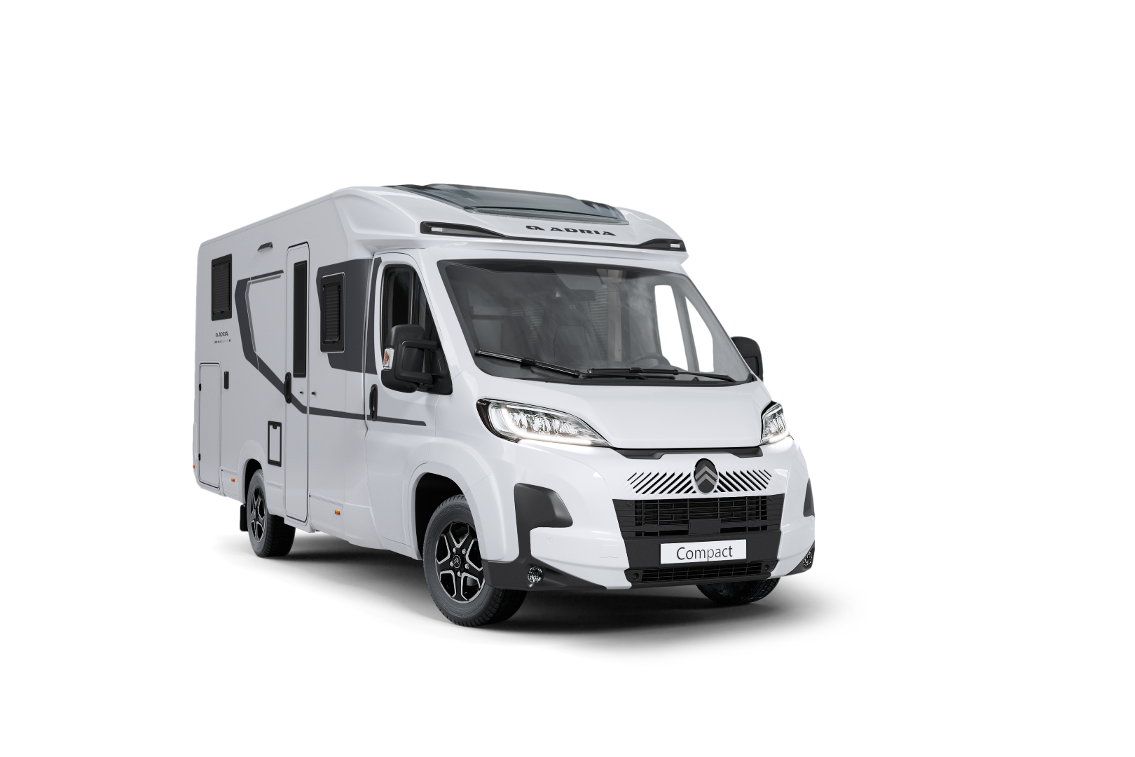 Adria Compact Select op basis van Citroën Jumper met witte cabine en hagelbestendiger opbouw.