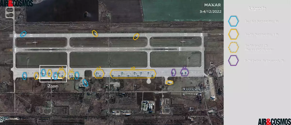 Image satellite du 3 ou 4 décembre 2022 de la base aérienne russe d'Engels-2. Elle permet de confirmer que de nombreux appareils étaient au sol 24 à 48h avant l'attaque ukrainienne.