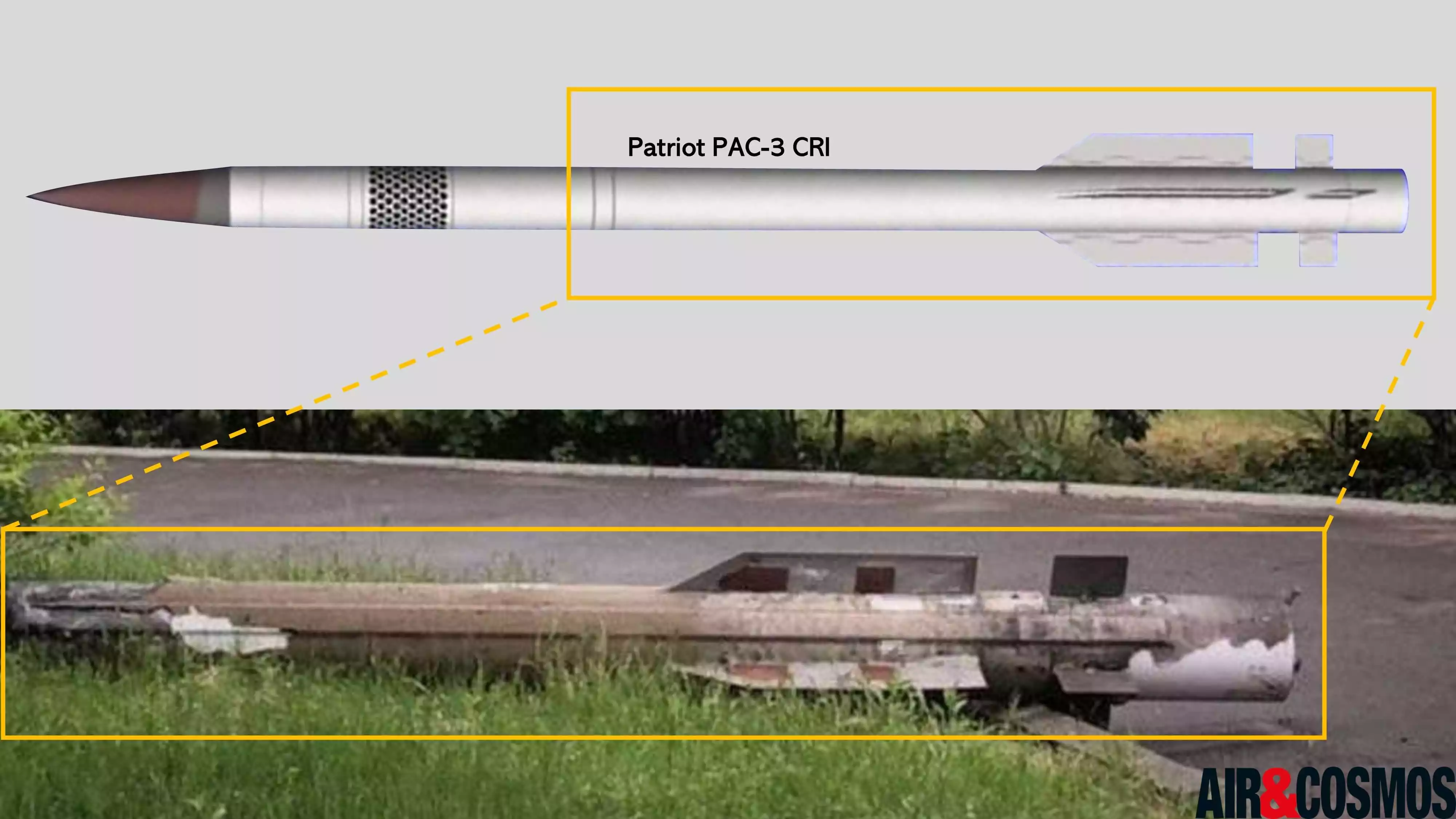 Comparaison entre un missile Patriot PAC-3 CRI retrouvé à Kiev et un missile Patriot PAC-3 CRI utilisé dans une vidéo de Lockheed Martin.