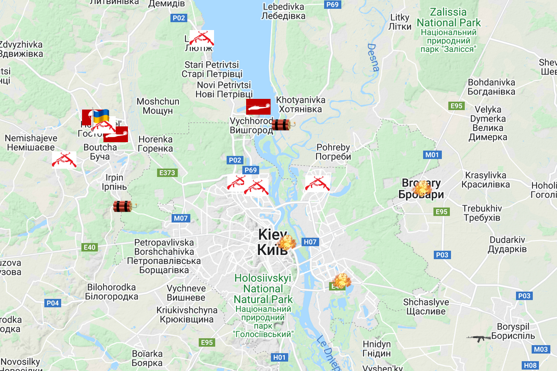 Carte de suivi de la situation en Ukraine - combats autour de Kiev - mise à jour temps réel