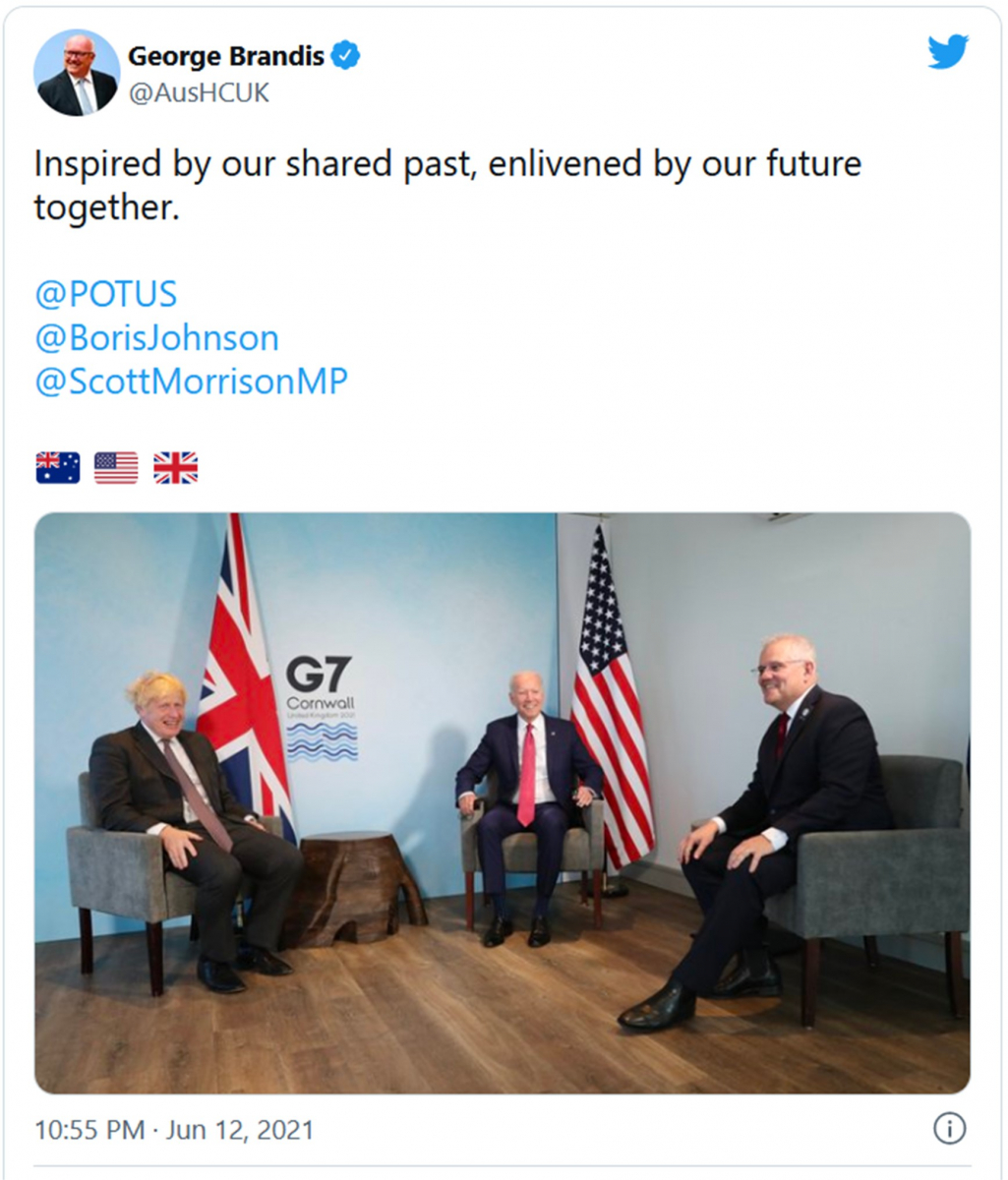 G7 de Cornouailles (Royaume-Uni) : les États-Unis rentrent définitivement dans le projet après la rencontre entre le Président Biden, le Premier ministre Johnson et le Premier ministre Morrison..