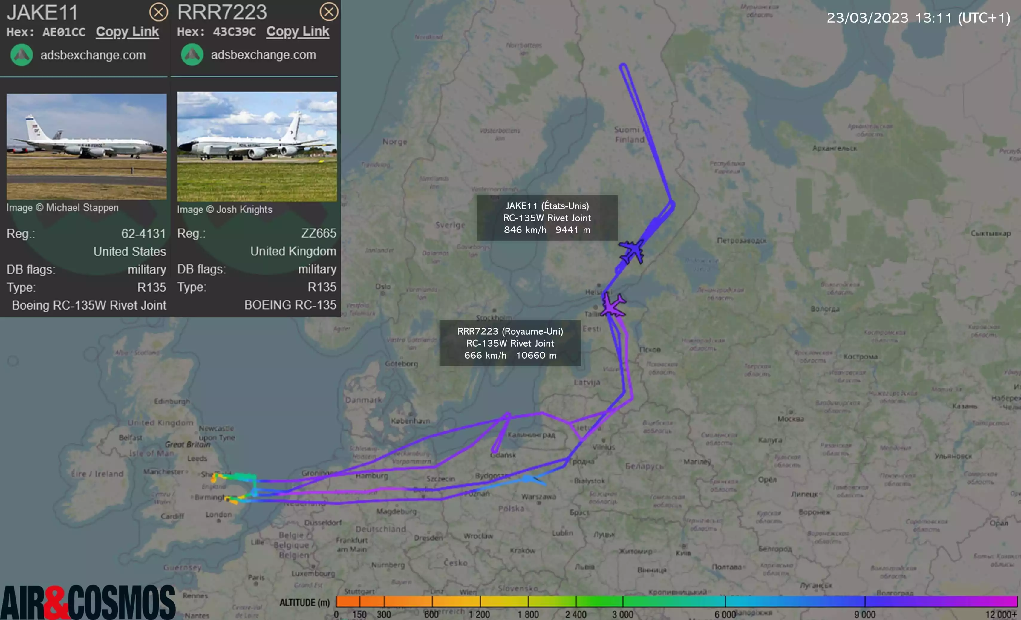 Double surveillance de Saint-Pétersbourg par deux avions de reconnaissance électronique RC-135W Rivet Joint de la RAF et de l'USAF.