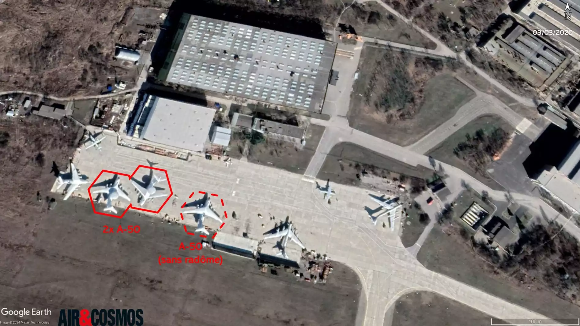 3 mars 2020, deux A-50 ainsi qu'un A-50 sans radôme devant les installations de Beriev (Taganrog).