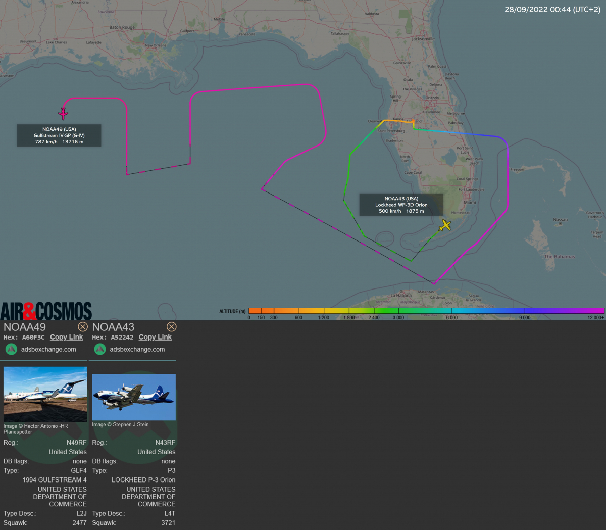 Suivi des avions de la NOAA : analyse météorologique du golfe du Mexique pour le Gulfstream IV et survol de l'ouragan pour le WP-3D.