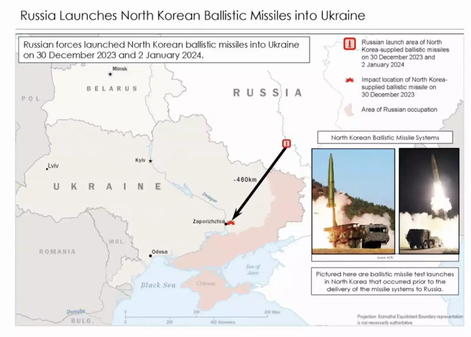 Direction du premier tir confirmé de missile balistique courte portée nord-coréen par la Russie sur l'Ukraine.