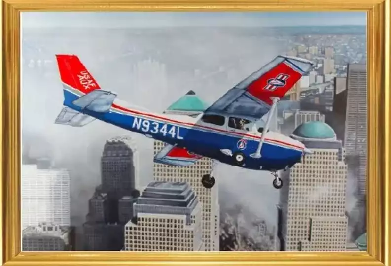 Peinture (par Diane Kraus, We Were There) représentant le vol 3131 du Cessna Skyhawk N9344L de la Civilian Air Patrol le 12 septembre 2001 au-dessus de Ground Zero.