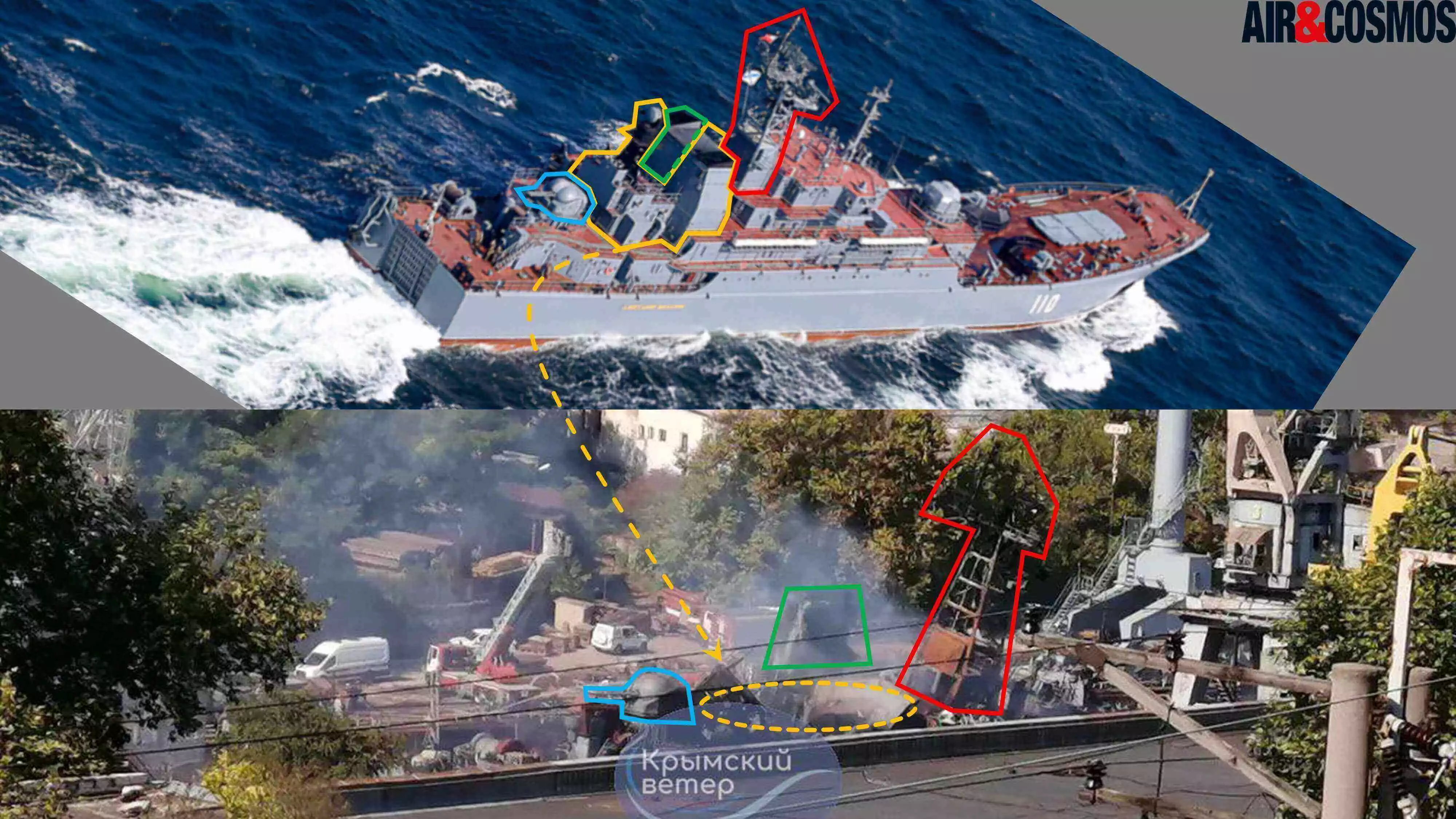 Comparaison entre un navire de la classe Ropucha et le Minsk (classe Ropucha) après l'attaque du 12-13 septembre 2023 (distances différentes entre les deux images).