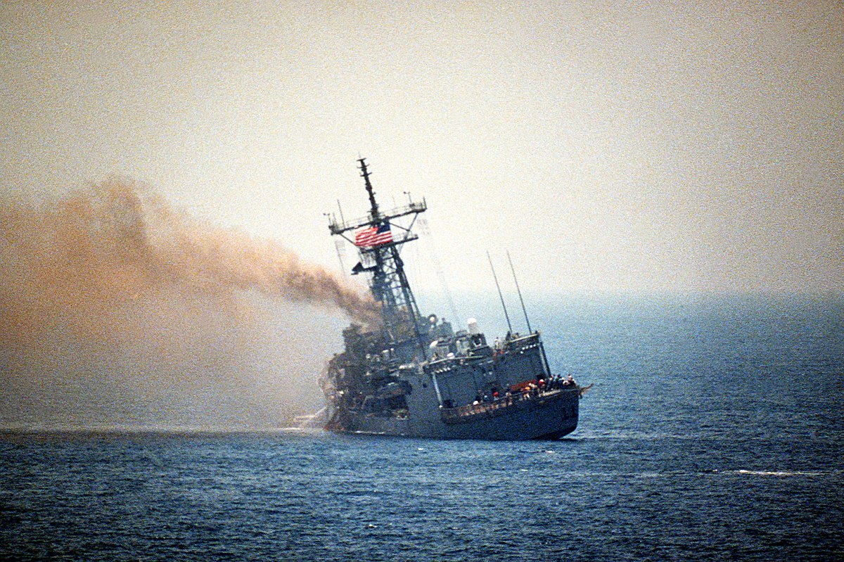 L'USS Stark, touché par deux missiles Exocet irakiens en 2006.
