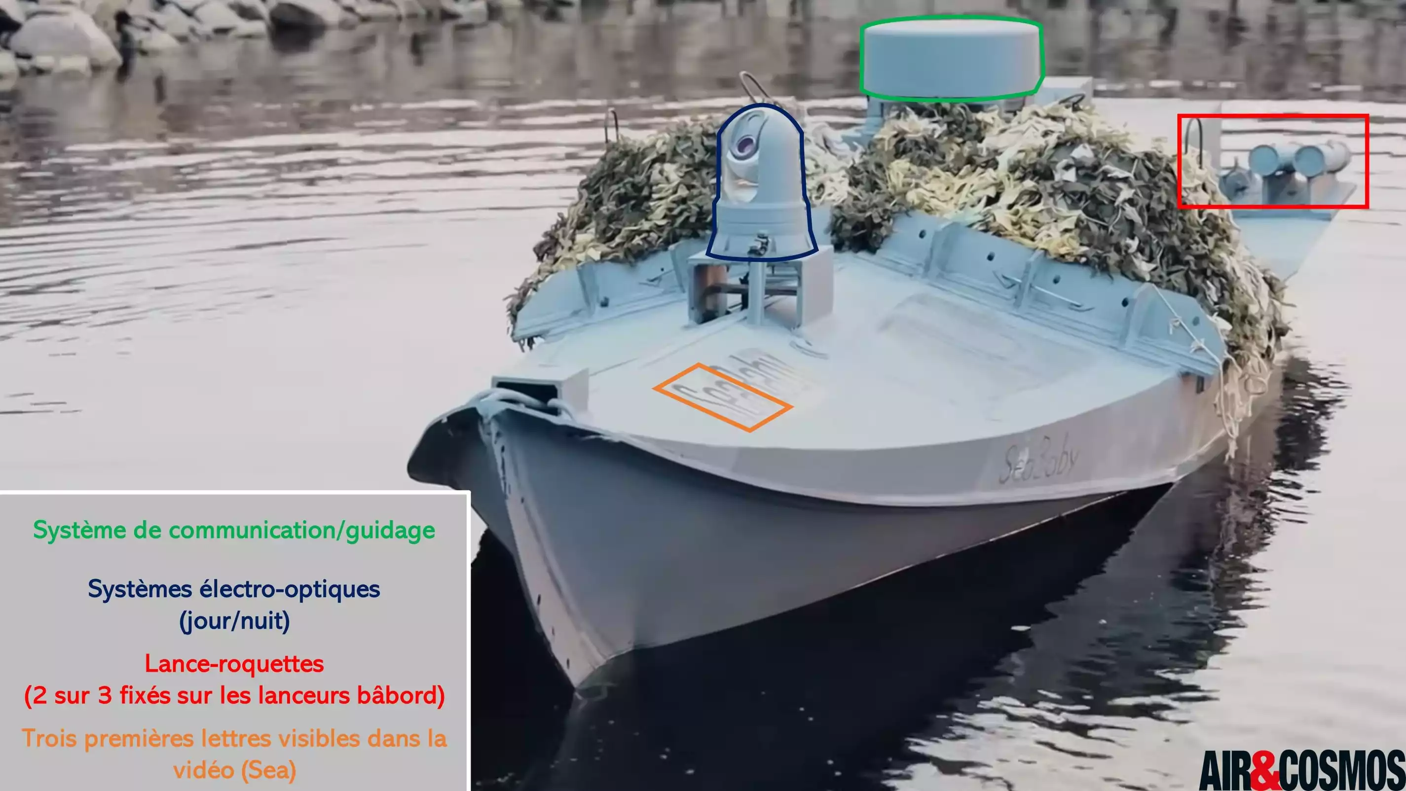Drone Sea Baby ukrainien modifié avec une capacité de lancement de roquettes thermobariques.