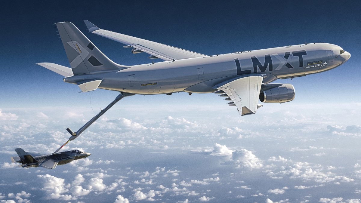 Rendu du projet d'avion ravitailleur LMXT de Lockheed Martin. Cet avion est développé en coopération avec Airbus car il s'agit d'une version américanisée de l'A330 MRTT.