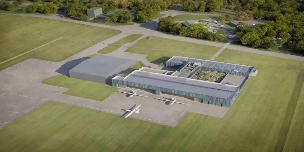 Représentation des futures installations du MQ-9B SkyGuardian de Florennes. Un hangar actuel sera modernisé et le reste des installations entièrement construites.