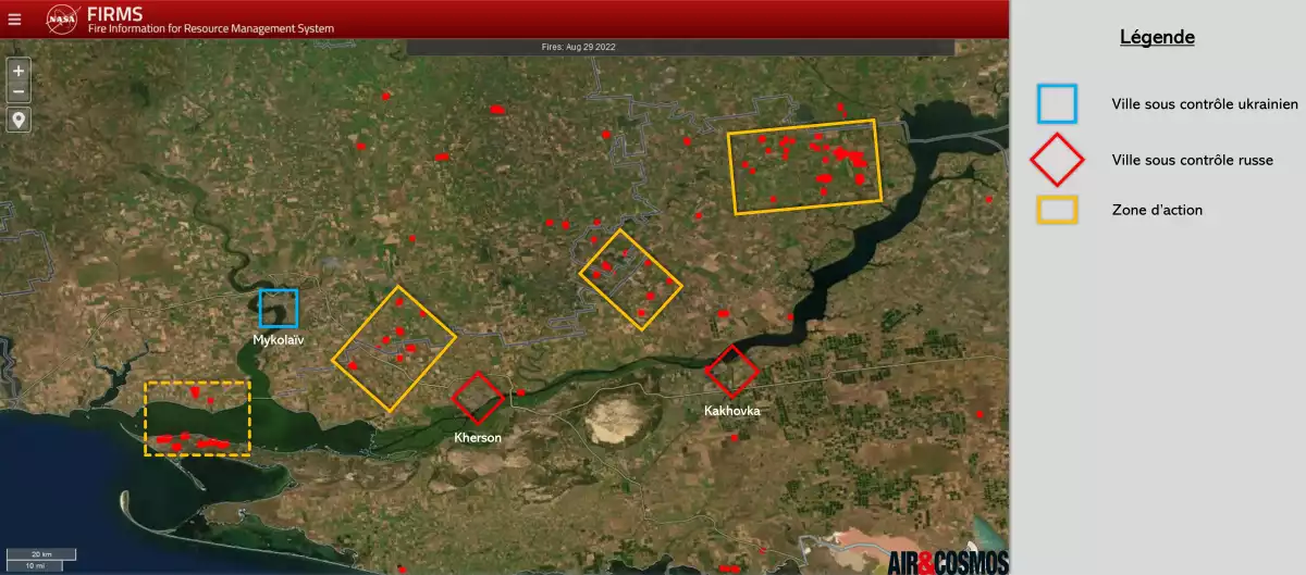 Les divers incendies laissent apparaitre trois zones d'actions principales pour l'offensive ukrainienne, ainsi qu'une quatrième zone au sud (mais probablement des tirs d'artillerie sans mouvement de troupes).