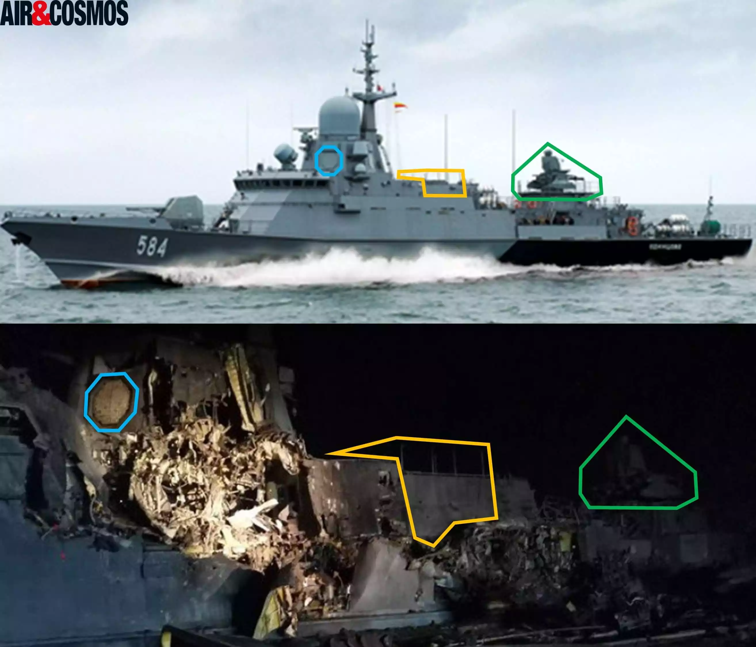 Comparaison entre le Shkval (haut) et l'Askold (bas). Ce dernier a été touché par une frappe de missile ukrainien le 4 novembre 2023.