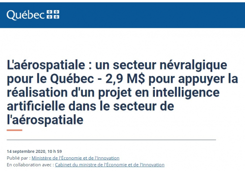 Québec, 2,9 M$ pour appuyer la réalisation d'un projet en intelligence artificielle dans le secteur de l'aérospatiale