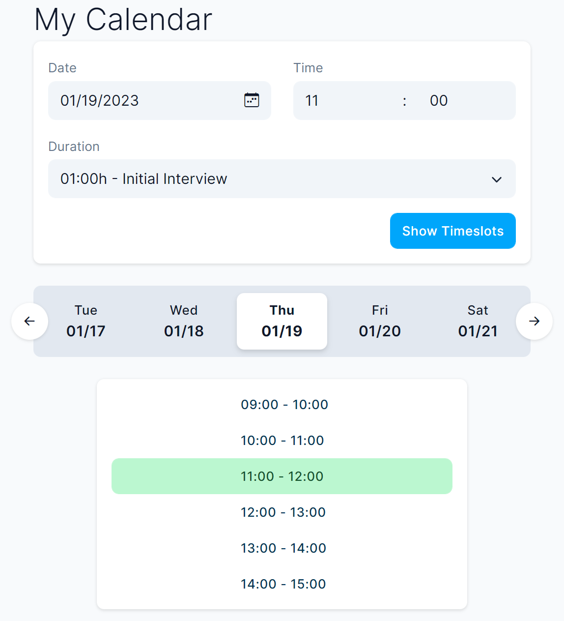 Booking view of the calendar with selectable time slots for a fixed appointment duration