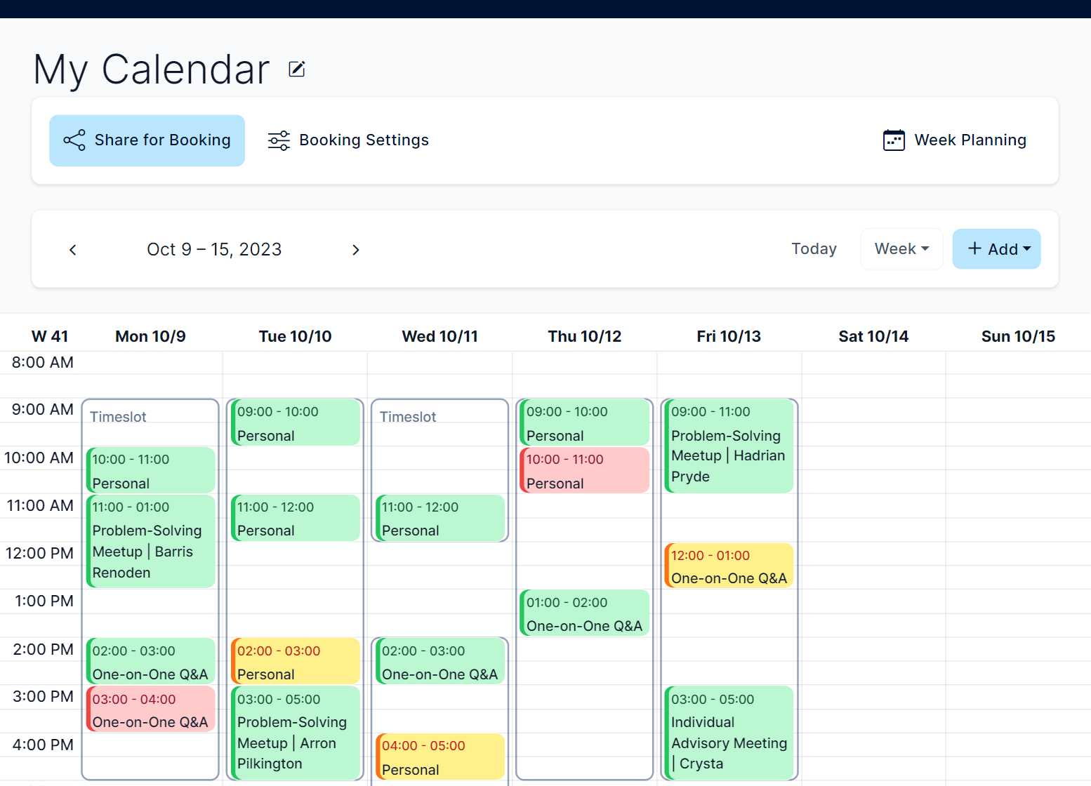 Calendar in the weekly view with timeslots and appointments