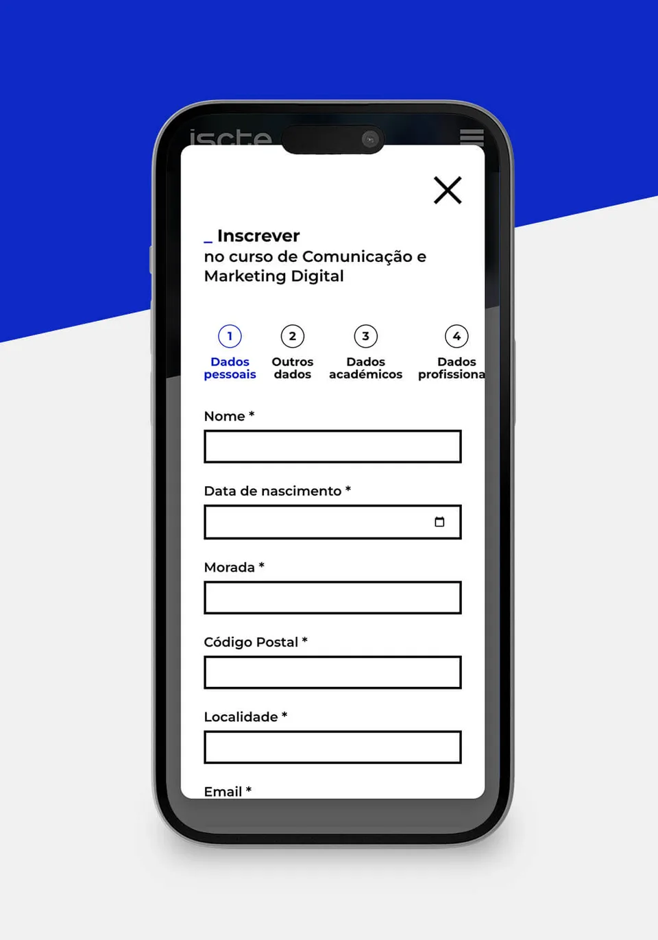 website mobile version of the registration page