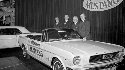 Thumb gene bordinat  lee iacocca and donald frey with the first and the 1 millionth ford mustangs