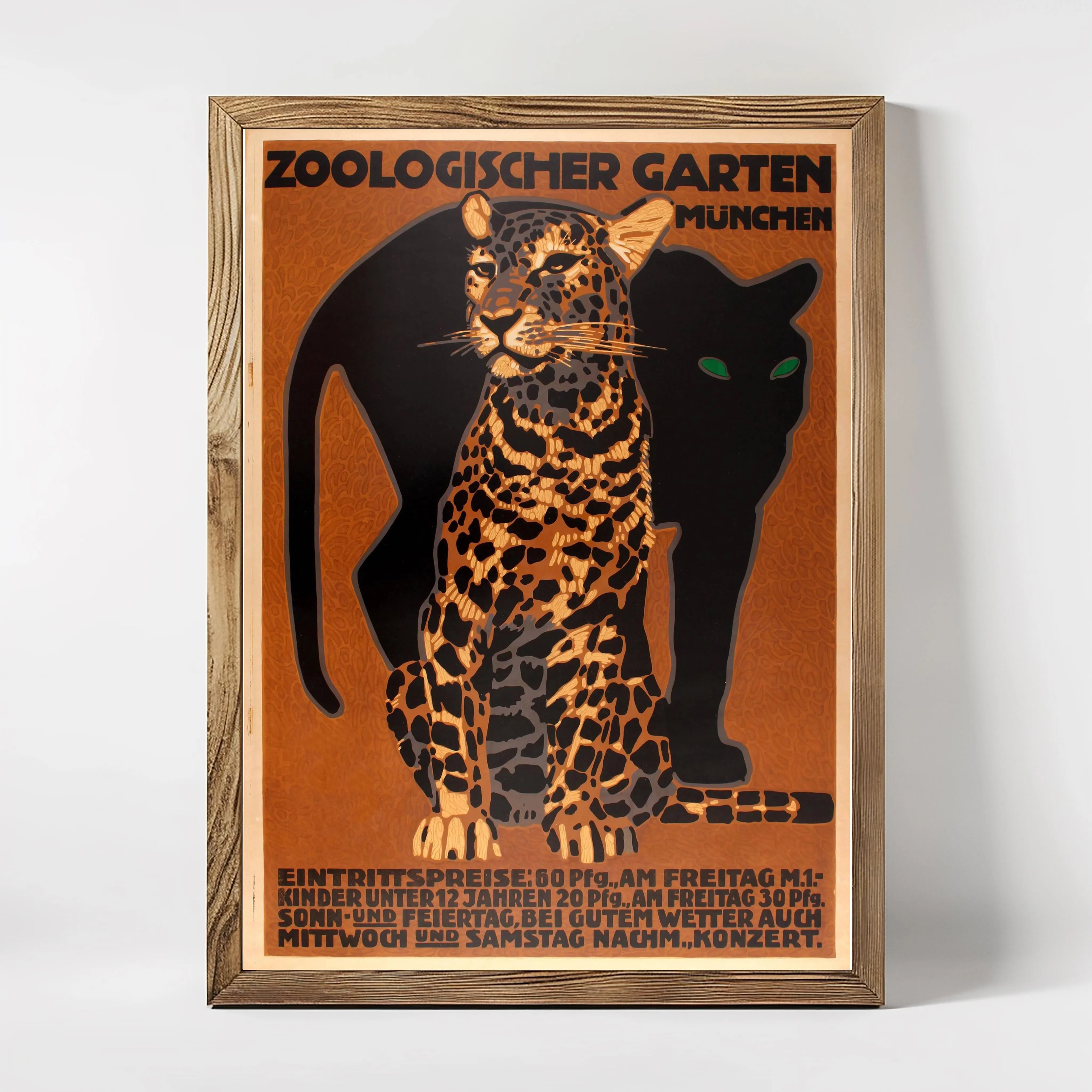 Antique 1912 advertising poster by Ludwig Hohlwein promoting the Munich Zoological Garden, depicting a leopard shadowed by a black panther.