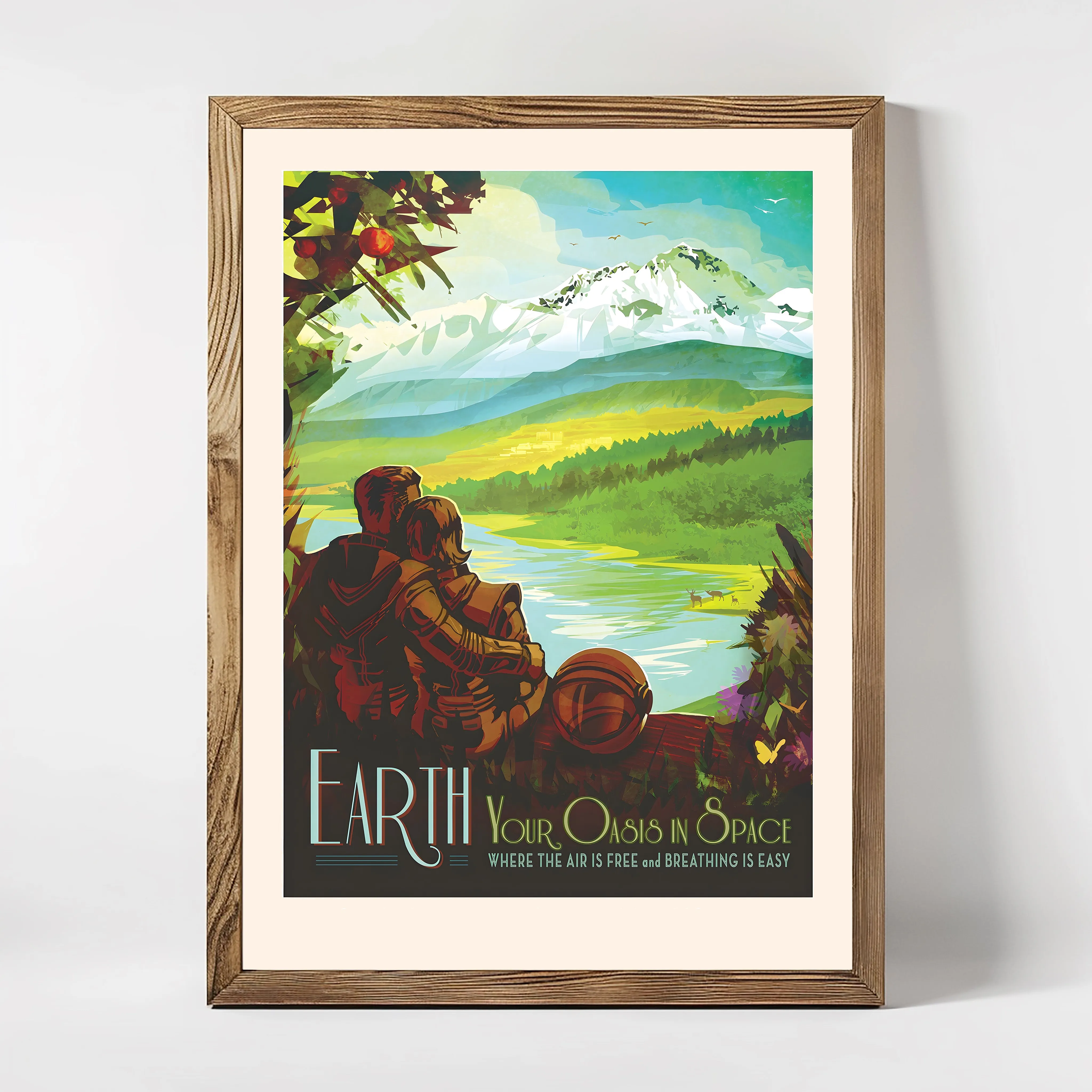 Fictional advertising poster for the Blue Planet as a space journey destination. Inscript: «Earth. Your Oasis in Space. Where the Air is Free and Breathing is Easy