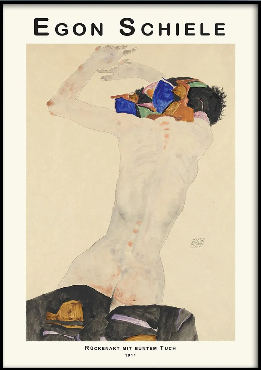Egon Schie Rückenakt mit buntem Tuch (1911)