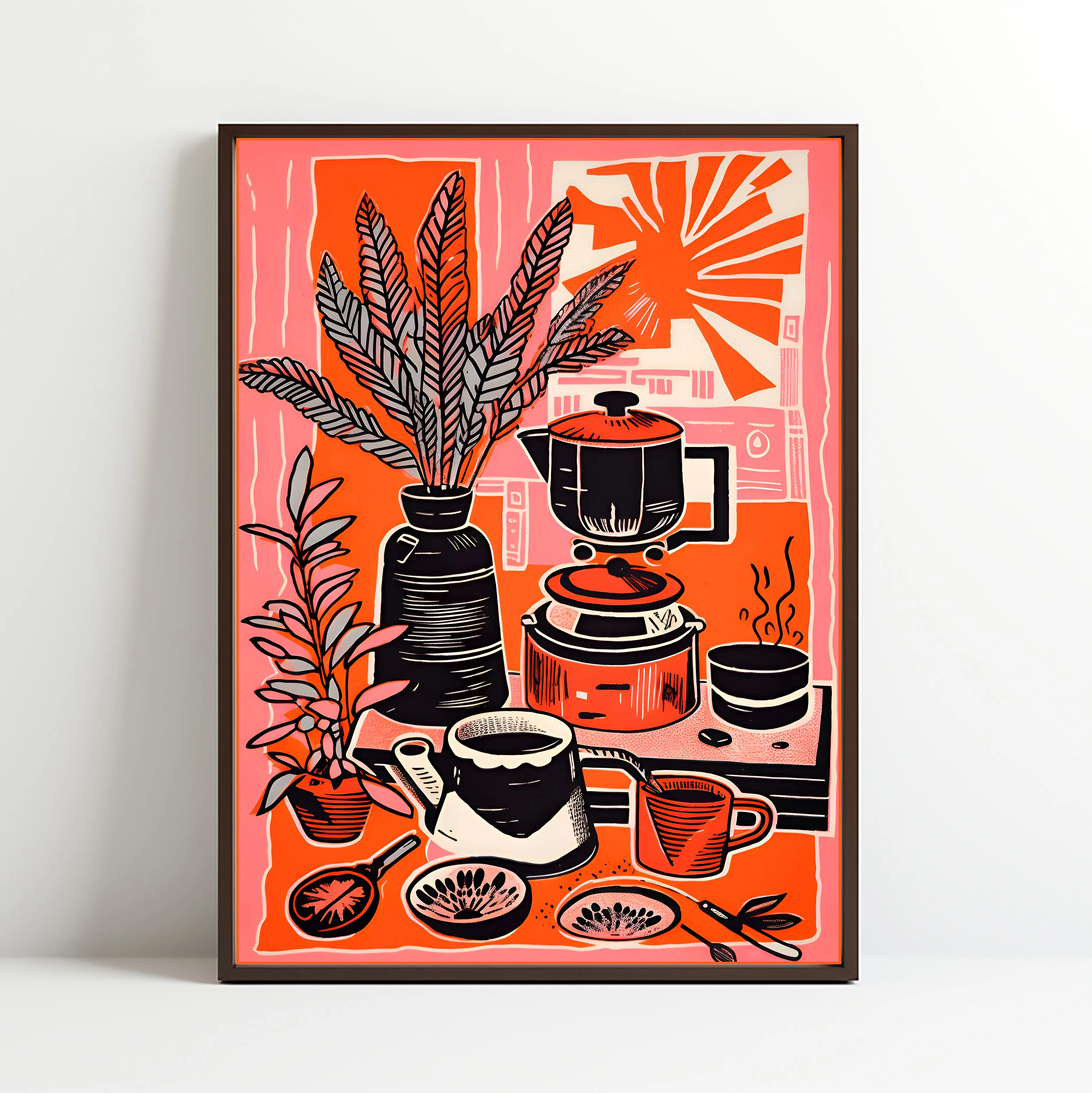 Coffee Still Life in Linocut Style