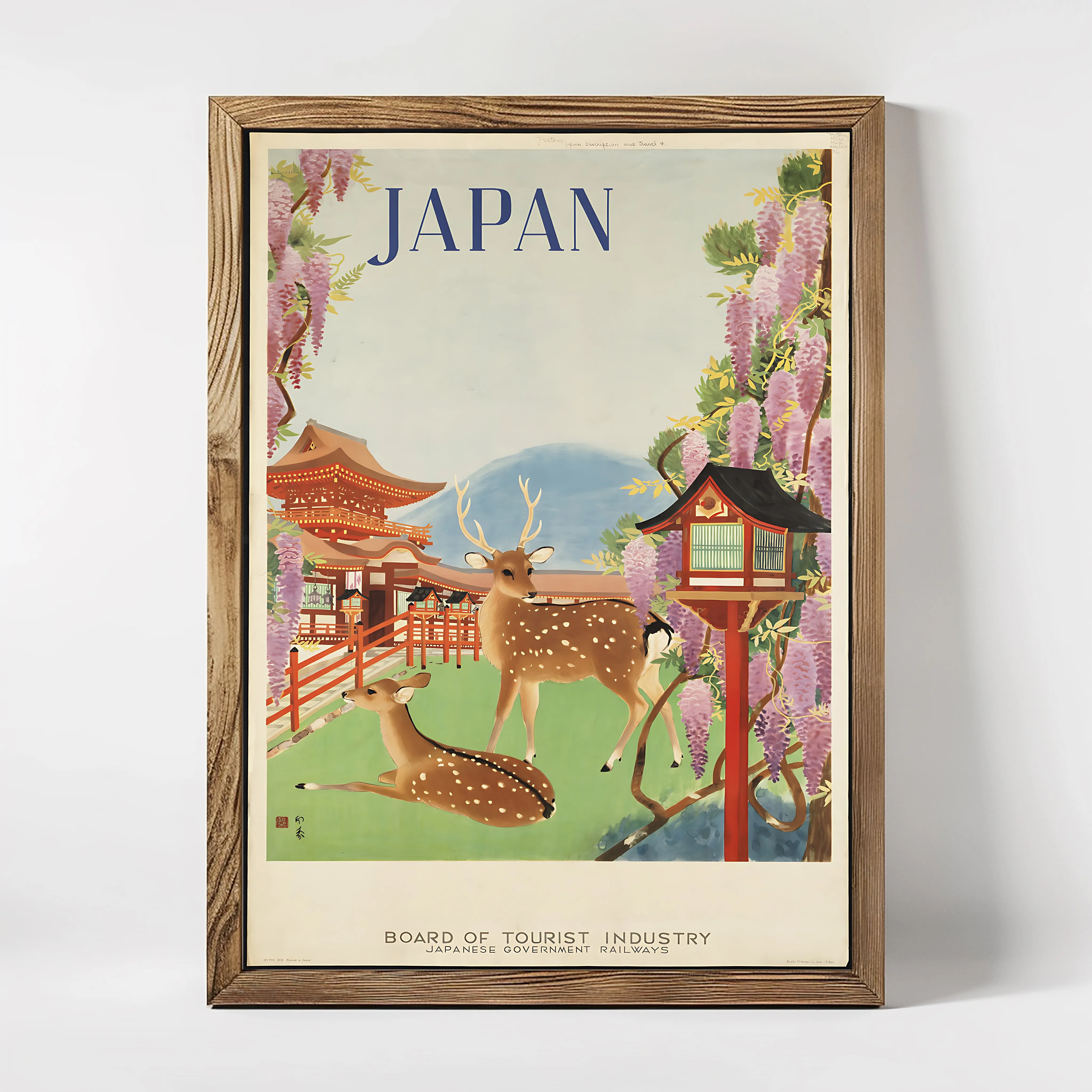 Japan Travel Poster with Deer and Wisteria