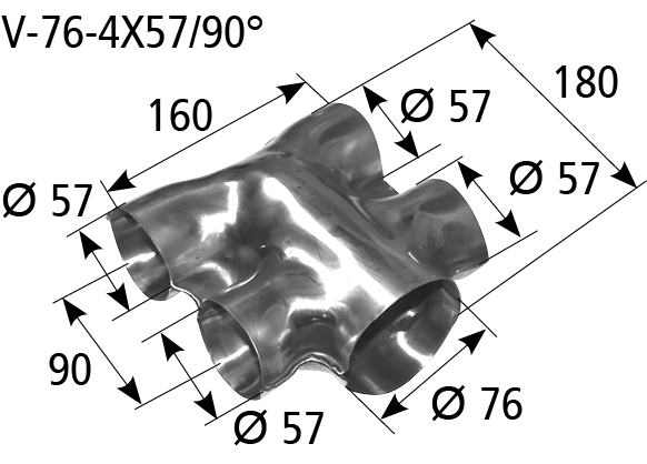 BASTUCK Rozbočka vstup Ø 76 mm 4x výstup Ø 57 mm – V-76-4X57/90°