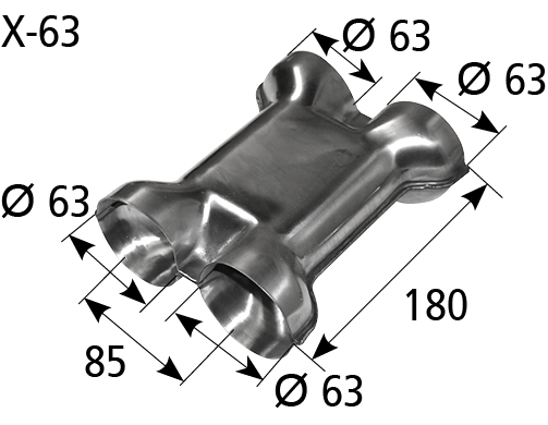 BASTUCK Rozbočka X s 2x vstup Ø 63 mm 2x výstup Ø 63 mm, 180 mm dlhý – X-63
