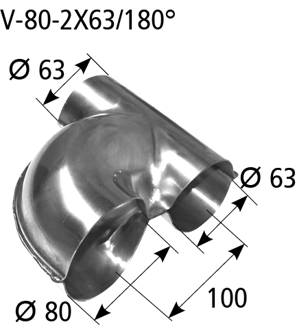 BASTUCK Rozbočka vstup Ø 80 mm 2x výstup Ø 63 mm – V-80-2x63/180°