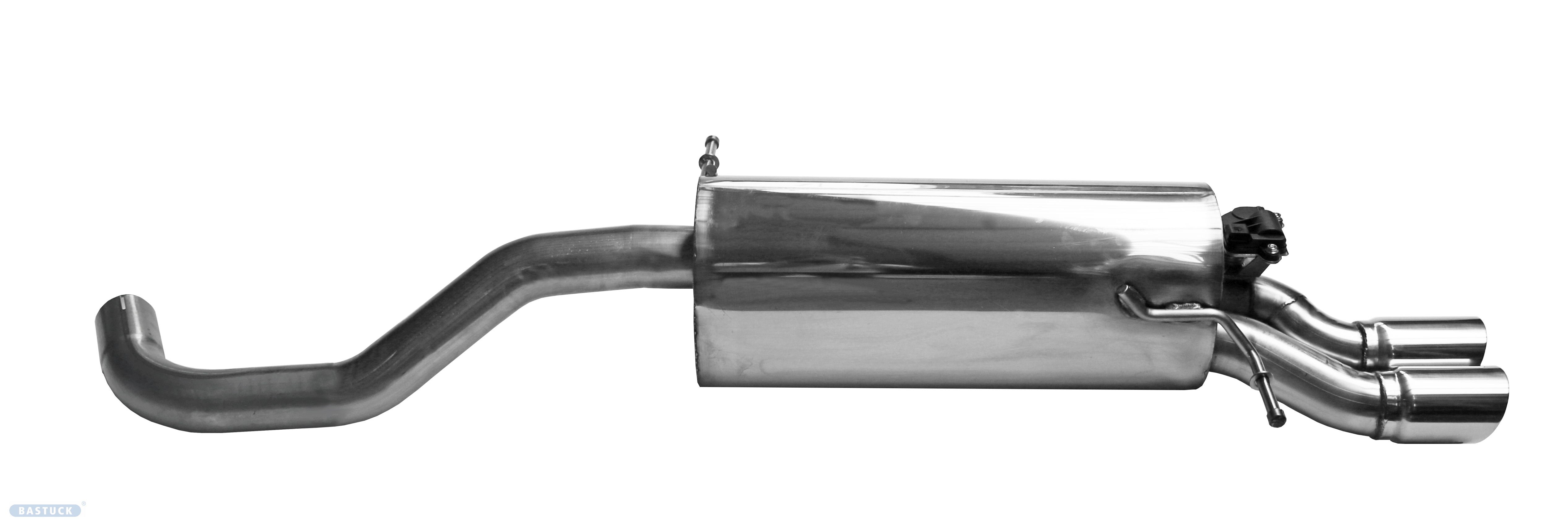 BASTUCK VWP6/AW-K/76T -Zadný tlmič výfuku s dvojitou koncovkou 2 × Ø 76 mm 20° šikmo zrezaná, s výfukovou klapkou – VWP6/AW-K/76T