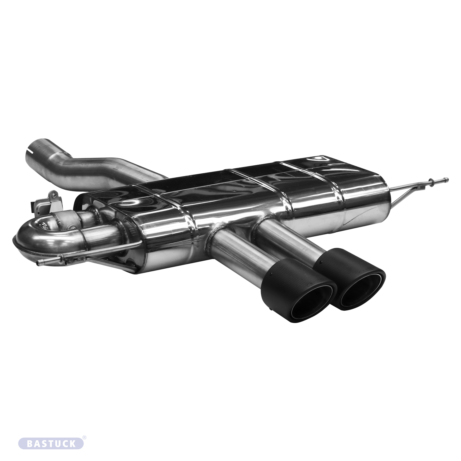 BASTUCK Zadný tlmič výfuku s dvojitou koncovkou, karbón, 2 × Ø 100 mm, 30°, výstup v strede, s výfukovou klapkou – MI/F66-K/T100RS/C