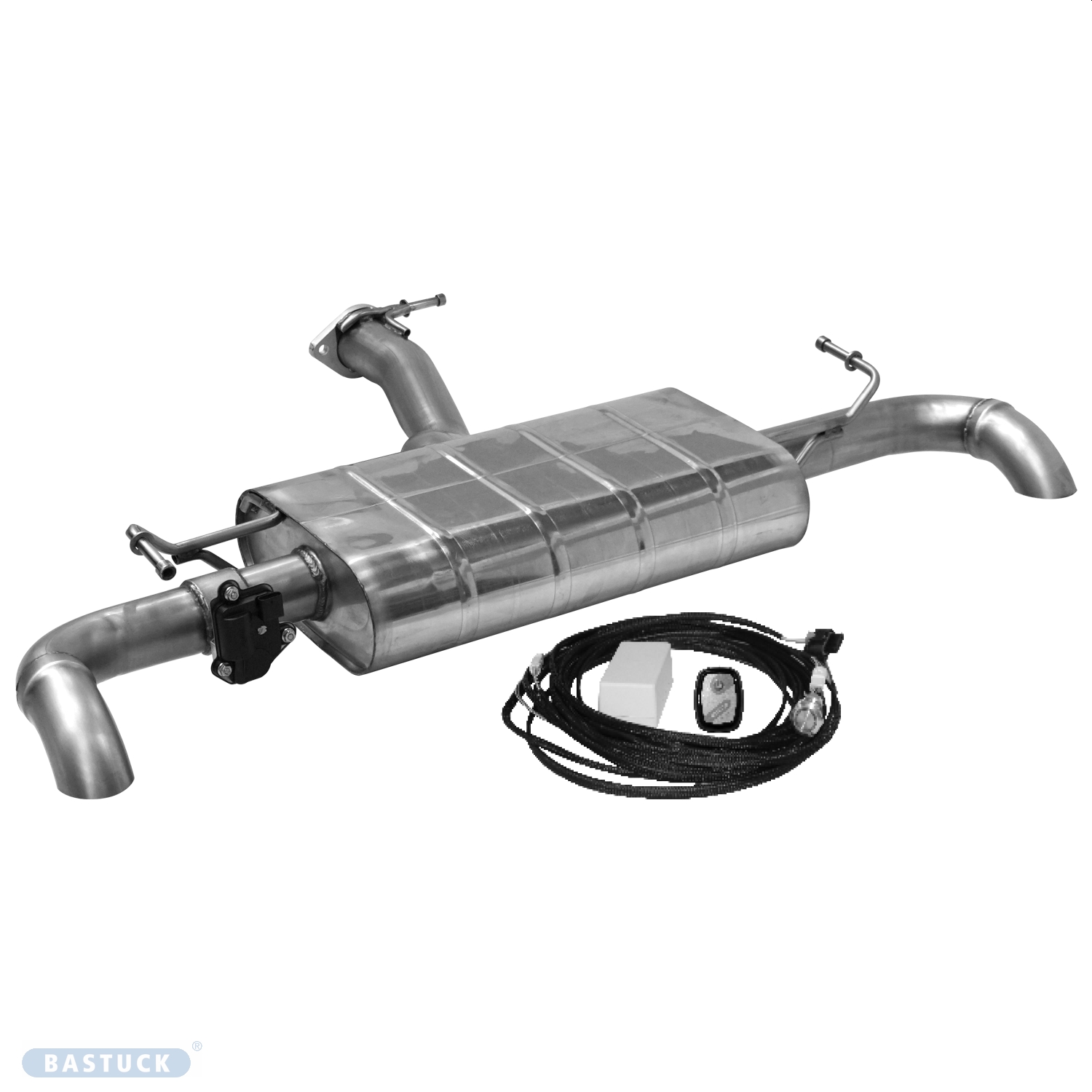 BASTUCK Zadný tlmič výfuku s 1x výstup Ø 63 mm vľavo + vpravo, 90° smerom nadol s ovládaním výfukovej klapky – KIASPOR/NQ5-F/K/63