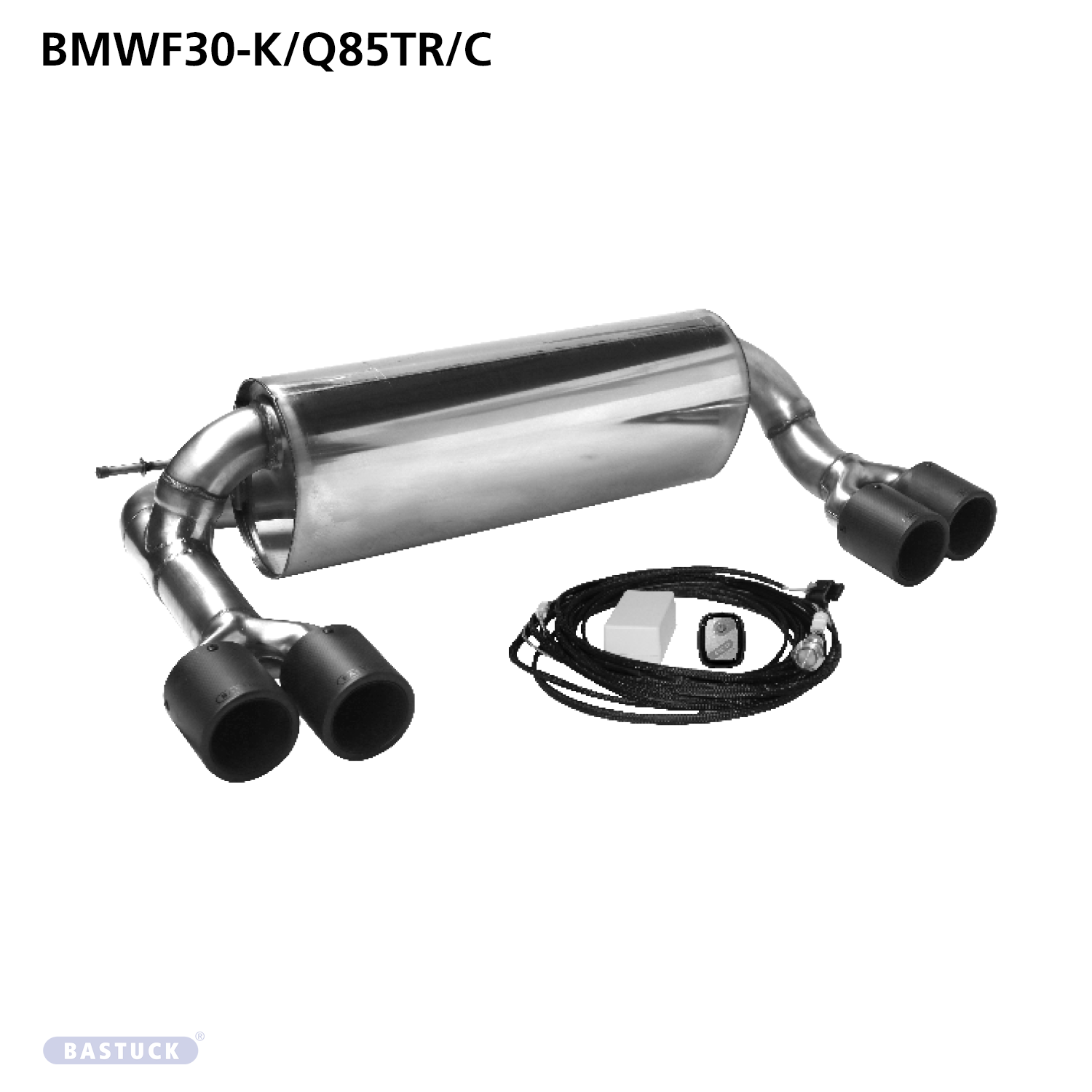 BASTUCK Zadný tlmič výfuku s výfukovou klapkou a dvojitá koncovka výfuku 2 × Ø 85 mm vľavo + vpravo karbón – BMWF30-K/Q85TR/C