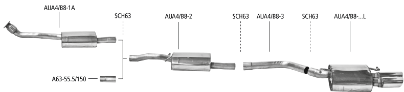 Nákres Audi A4 B8 / A5 B8 A4/A5 B8 (ab B. 2008) 4 valce benzín Turbo 1 Zadný tlmič výfuku LH okrem A5 B8 Sportback