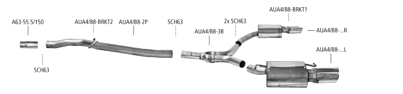 Nákres Audi A4 B8 / A5 B8 A4/A5 B8 (ab B. 2008) 4 valce diesel 2 Zadný tlmič výfuku LH+RH okrem A5 B8 Sportback
