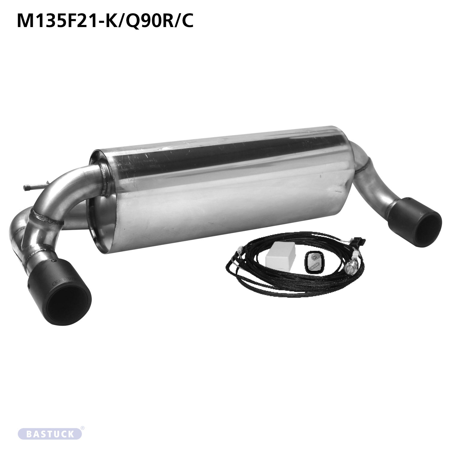 BASTUCK Zadný tlmič výfuku s jednoduchou koncovkou, 1 × Ø 90 mm vľavo + vpravo, karbón, s výfukovou klapkou – M135F21-K/Q90R/C