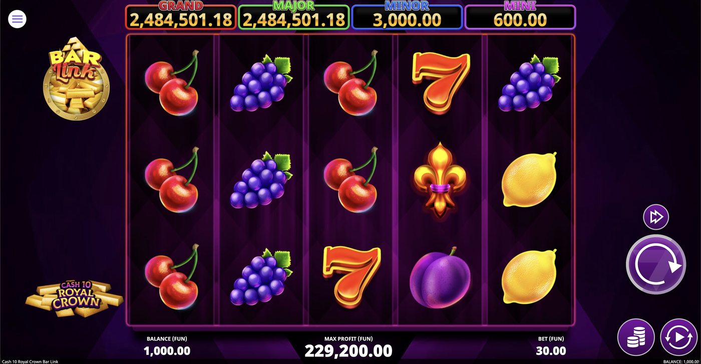 Cash 10 Royal Crown Bar Link: image of main menu
