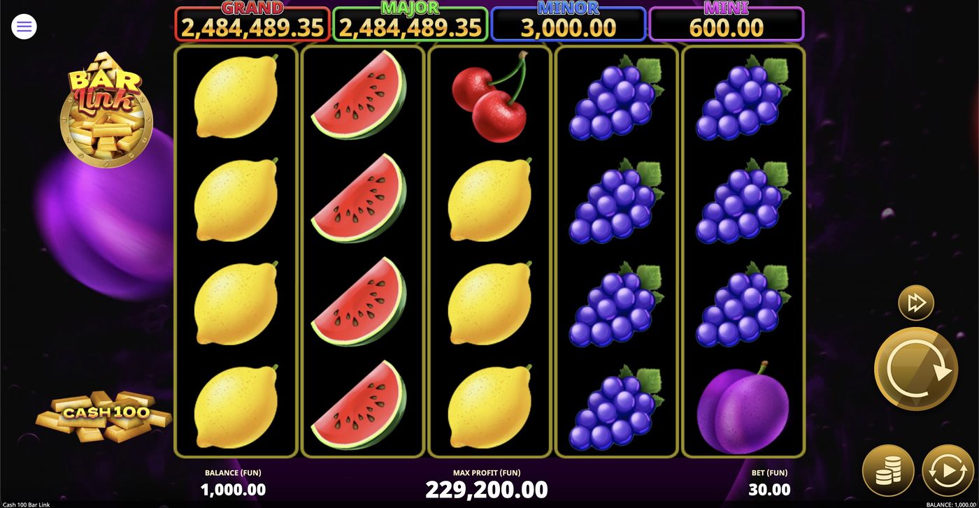 Cash 100 Bar Link: image of main menu