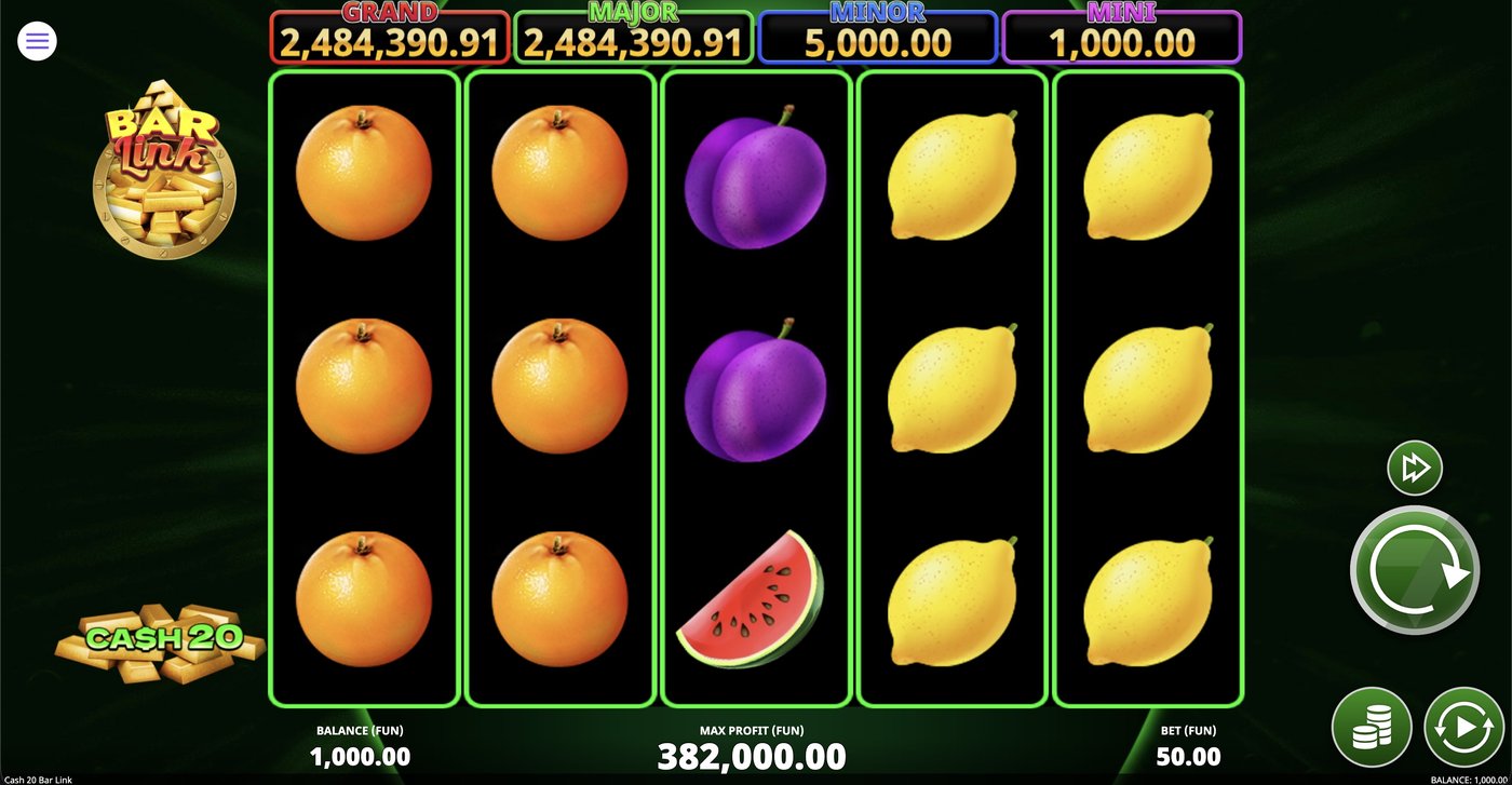 Cash 20 Bar Link: image of main menu