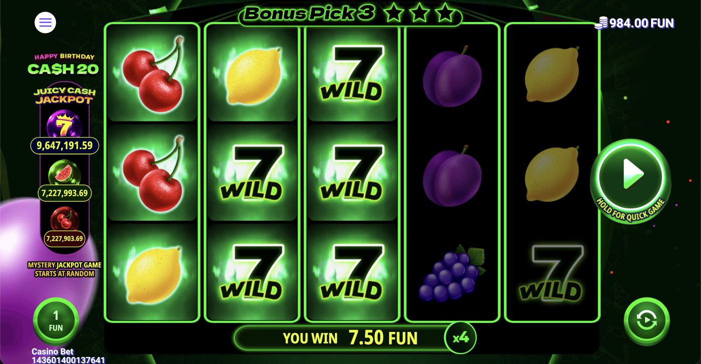 Cash 20 Happy Birthday: image of winning
