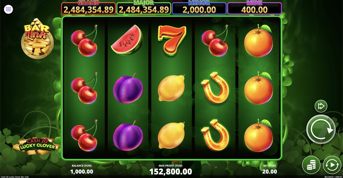 Cash 20 Lucky Clover Bar Link: image of main menu