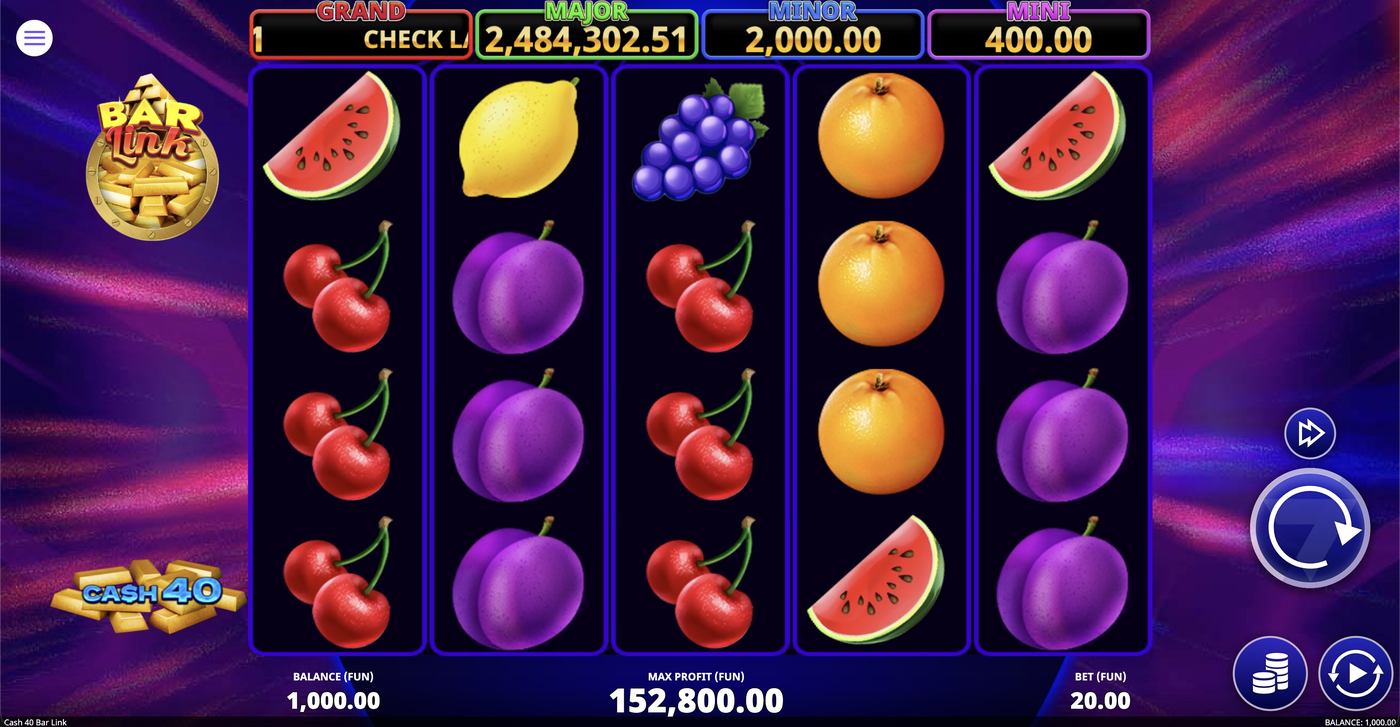 Cash 40 Bar Link: image of main menu