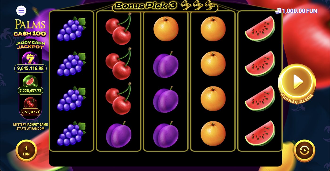 Palms Cash 100: image of main menu