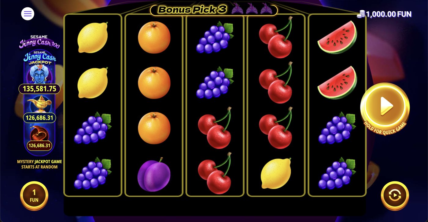 Sesame Jinny Cash 100: image of main menu