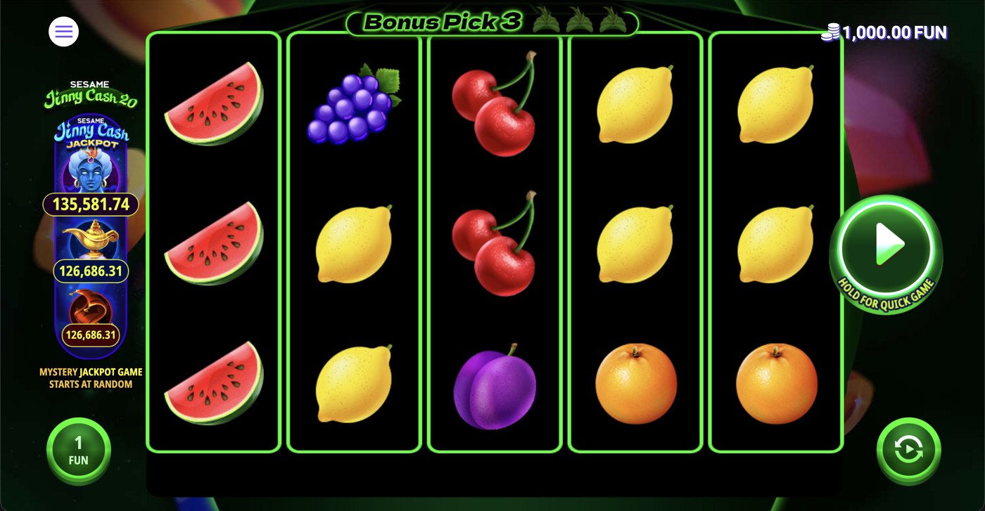 Sesame Jinny Cash 20: image of main menu