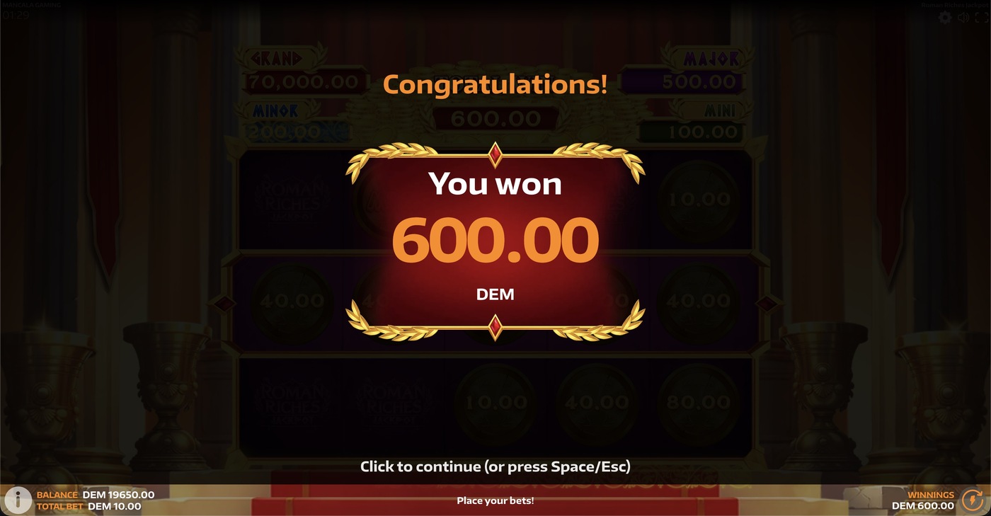 Roman Riches Jackpot: image of winning