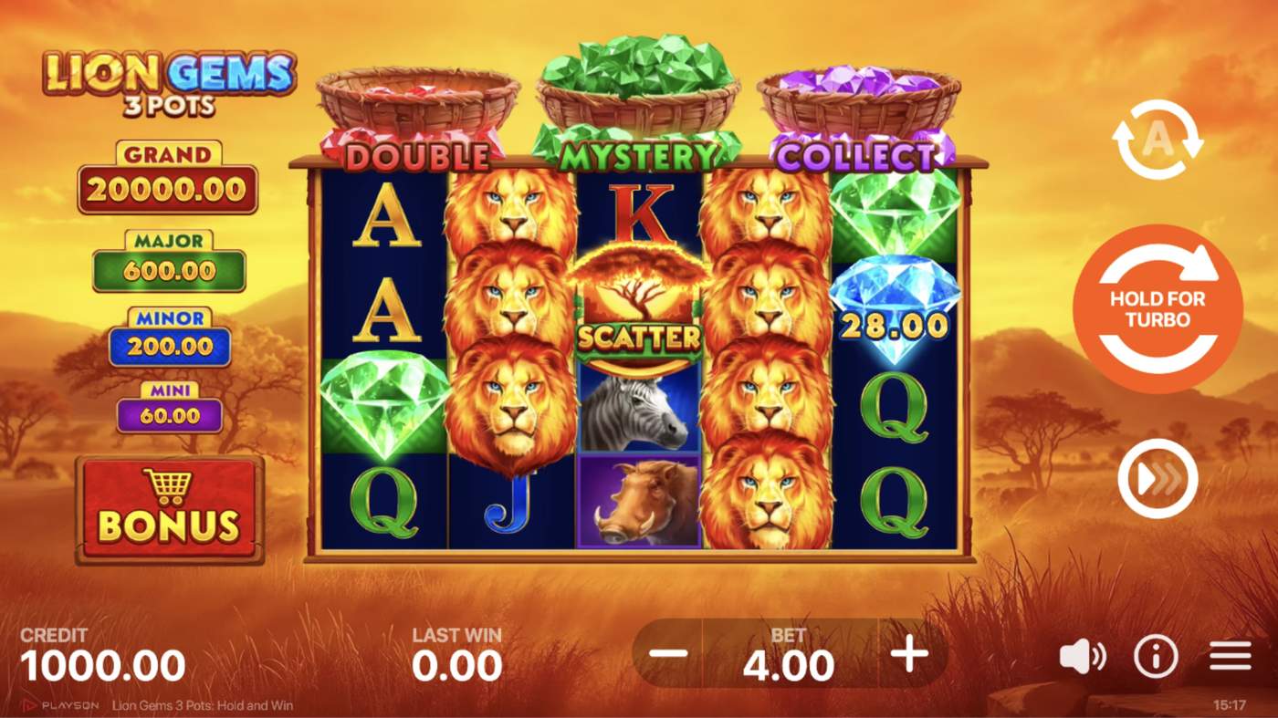Lion Gems 3 Pots: Hold and Win: image of main menu
