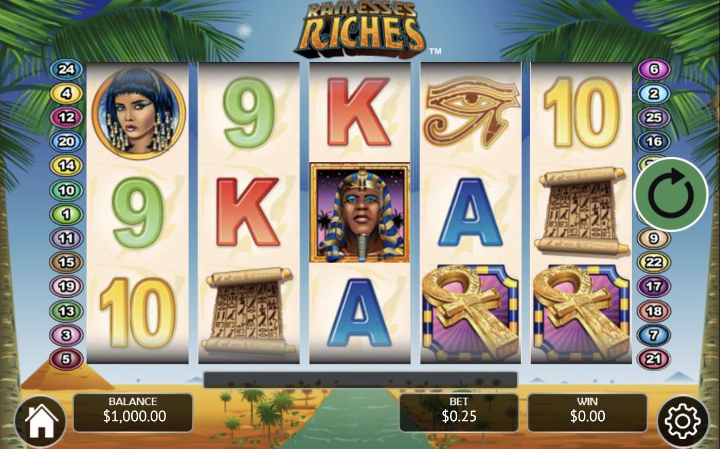 Ramesses Riches: image of main menu